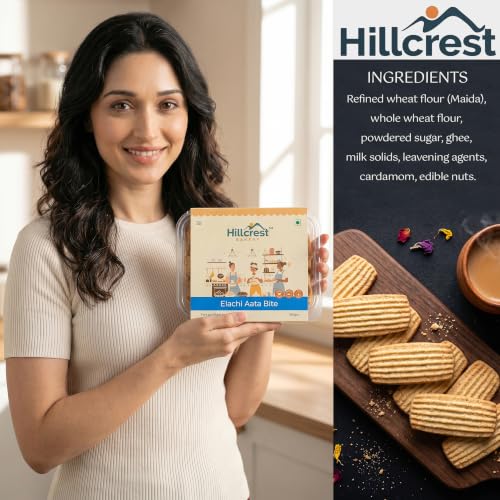 Image of Hillcrest Bakery Elachi Aata Bite Cookies, Cardamom Flavour, 18 Pieces, 250 grams | Premium Baked Snack | Tea Time Treat | Hygienically Packed