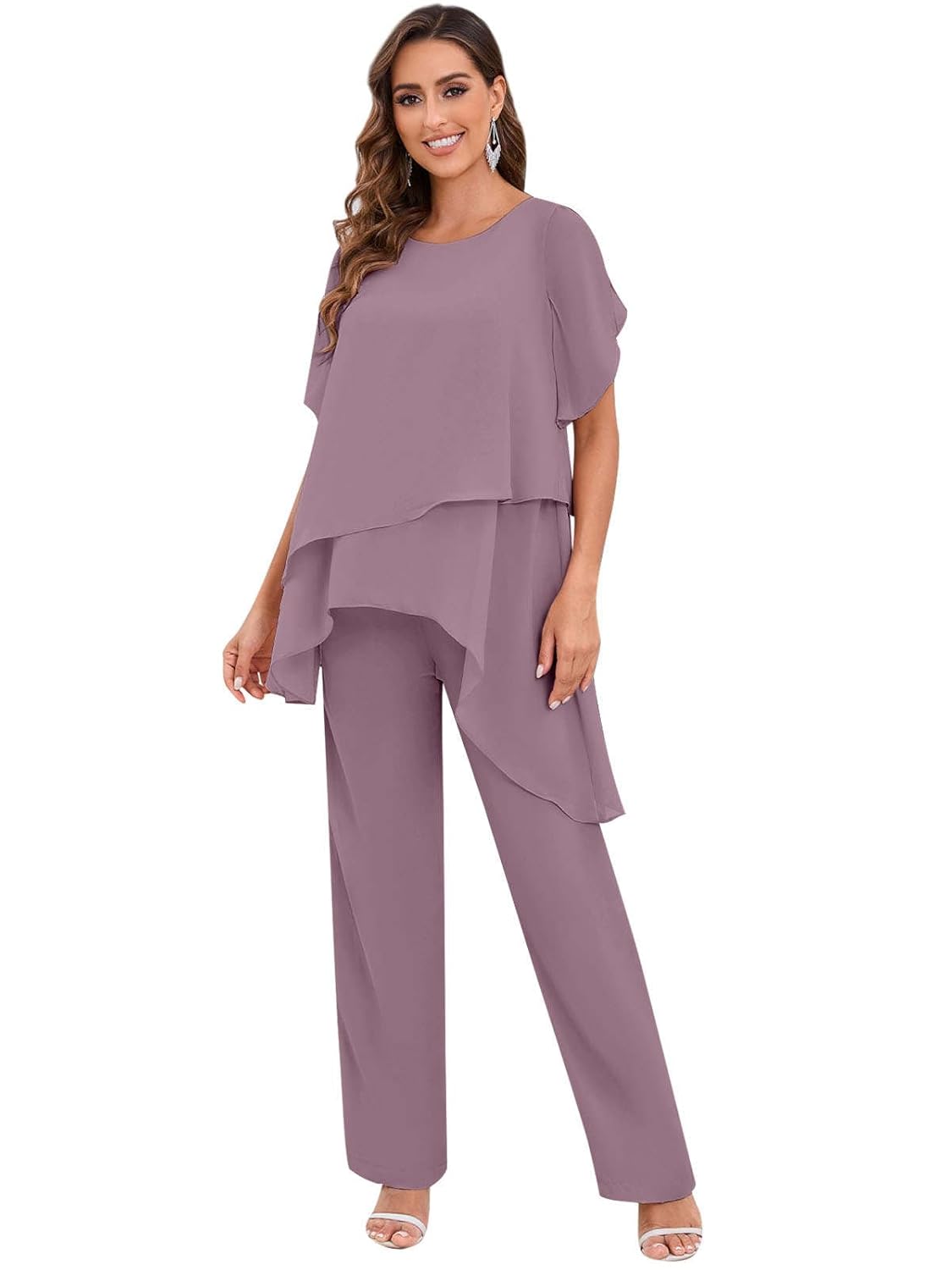 2 Pieces Mother of The Bride Pant Suits for Women Dressy Chiffon Sets Ruffle Layers Formal Wedding Guest