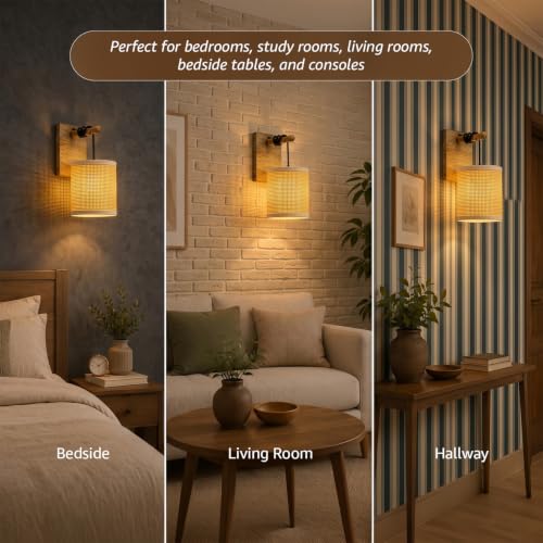 Image of Amazon Basics Rattan Light Weave Wall Lamp | Natural Rattan Shade with Wooden Bracket | E14 Holder | Decorative Wall Light for Bedroom, Living Room, Hallway & Home Decor