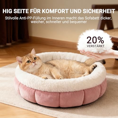 EDMIENS Katzenbett Klein, Katzenbett Flauschig Waschbar, Katzen Bett Indoor, Katzenkissen Rosa, Rund Katzenkörbchen mit Rutschfester Basis, Katzenschlafplatz für Katzen, Kleine Hunde, 45x45x16.5cm