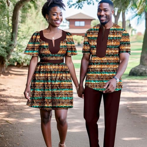 Africa Couples Men's Short Sleeve Top Pants Women's Patchwork Dress Ankara Printed Fabric Chest Split Neckline2