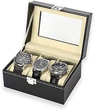 WEZOSHINET 3 Slot Watch Box PU Leather Lockable Watch Storage Boxes With Glass Top Adjustable Jewelry Organizer Bracelet Watches Holder Travel Case For Men Women Birthday Christmas Gift,Black