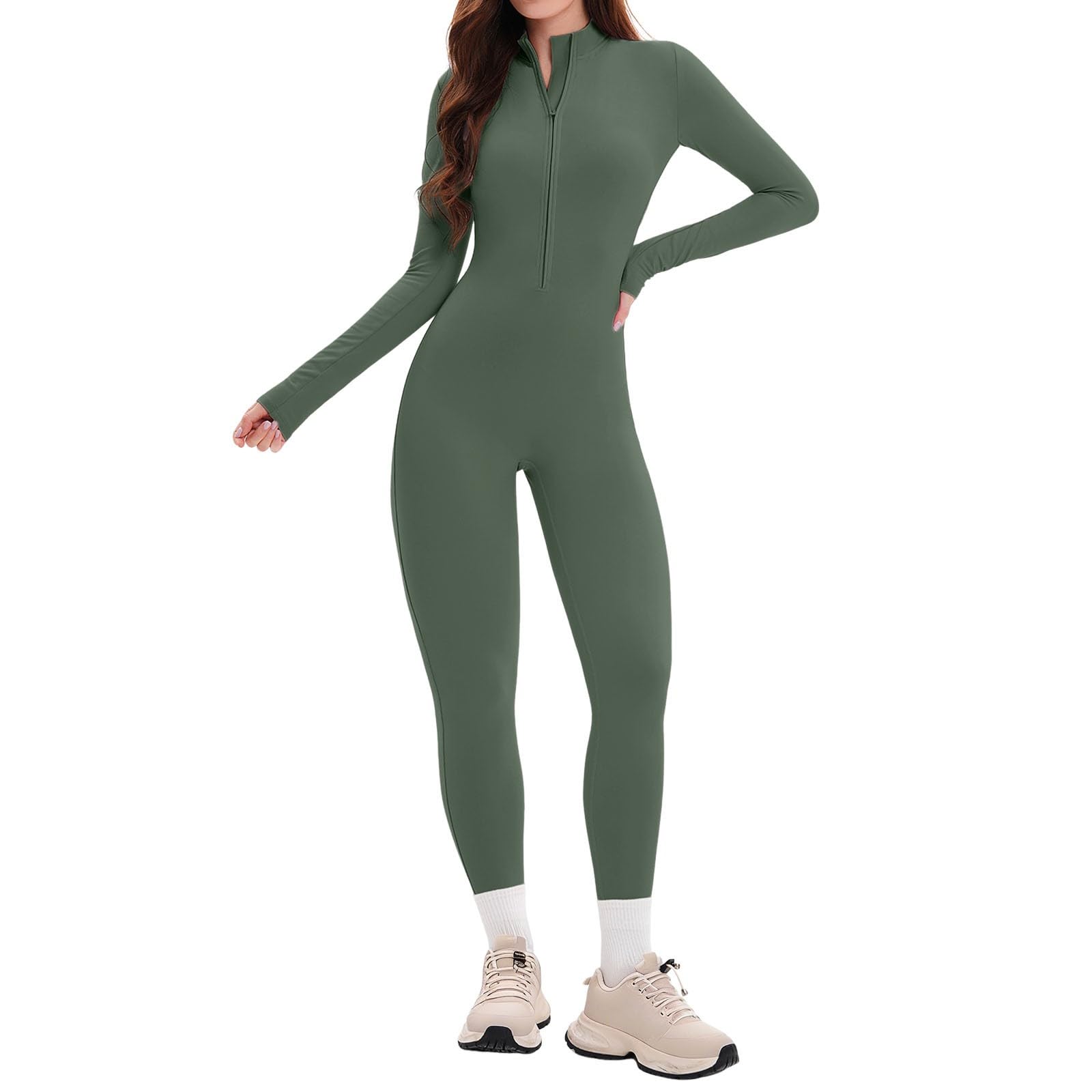 Genérico Mono deportivo manga larga cremallera pantalones bodycon para mujer traje integral ajustado ideal running fitness sala puro color cremallera casual