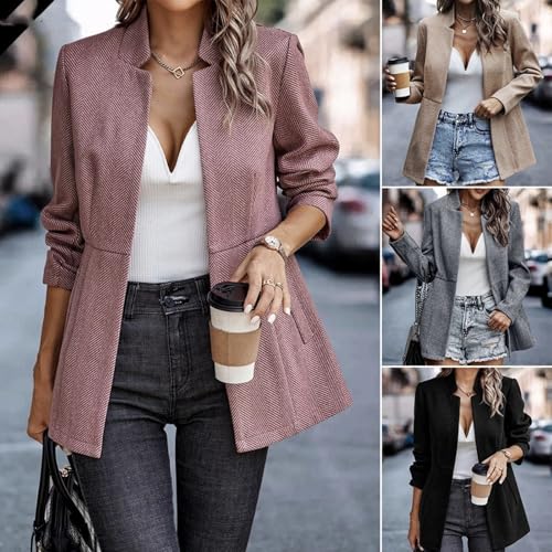 2025 Women’s Tweed Herringbone Blazer Open Front Stand Collar Business Casual Long Sleeve Jacket Pockets2