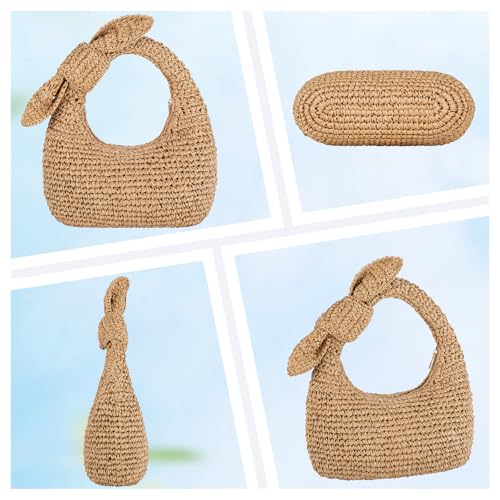 Bolso pequeño de paja tipo tote con moño y flecos miniatura 5