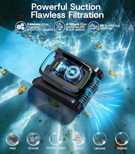 Image of (2026 Upgrade) PC10 Robotic Pool Cleaner, 5000GPH Suction, 150μm Filtration, Floor /Wall /Waterline Cleaning, Smart Navigation, Self-Parking, Cordless Pool Vacuum for Inground & Above Ground Pools