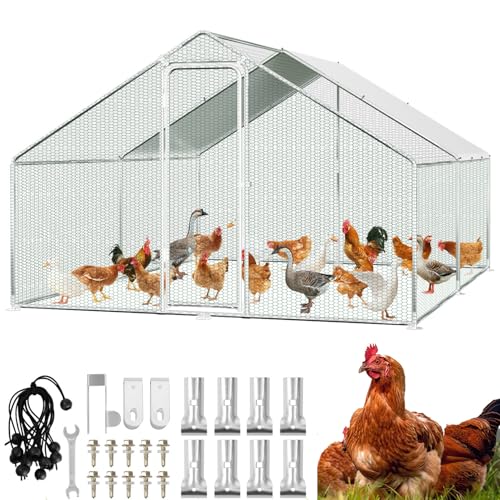 Hebitod Gallinero de 3 x 4 x 2 m, jaula de metal para animales pequeños con cerradura de seguridad y cubierta impermeable para caño de pollos, jaula de pájaros, plantas