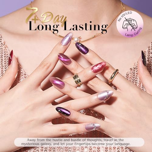 Image of AZUREBEAUTY Cat Eye Nail Polish Set Quick Dry Mooncat Glitter Holographic Purple Black Red 4 Colors Natural Fingernail with Top Coat DIY Salon Home no Gel