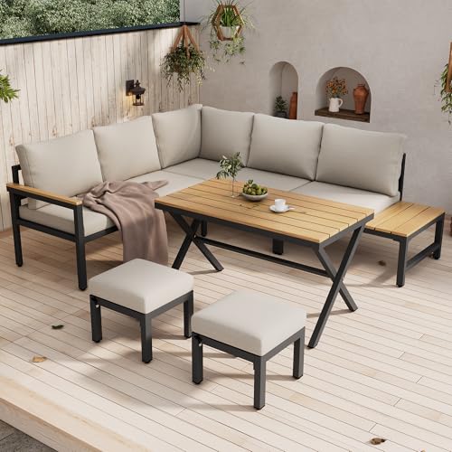 Gelukueub Garten-Essgruppe, Garten-Loungestuhl-Set, 4-teiliges Set. Gartenmöbel-Set, Ecksofa, 2 Hocker, Esstisch, Kunststoff-Holz-Tischplatte mit Ablagen, verzinkter Stahl, grau