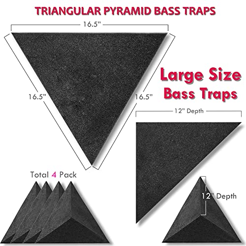 Image of Foroomaco Triangular Pyramid Bass Traps for Ceiling Corners, 4 Pack, Black | 16.5 in face, 12 in deep sound absorbing acoustic foam for bass control in studios, podcast rooms and home theaters