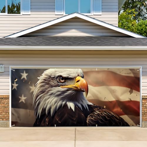Image of 13x6 ft American Bald Eagle Flag Garage Door Banner - Patriotic Eagle with Stars and Stripes Backdrop, Hanging Garage Decor - for 4th of July Independence Day Decor, USA Pride Outdoor Wall Art