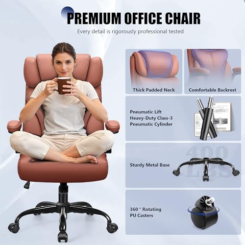 Image of Primy Office Chair, Ergonomic Leather Desk Chair with Flip-up Armrests, Big and Tall High Back Executive Computer & Gaming Chair with Footrest, Comfy Padded, Rocking Function and Lumbar Support(Brown)