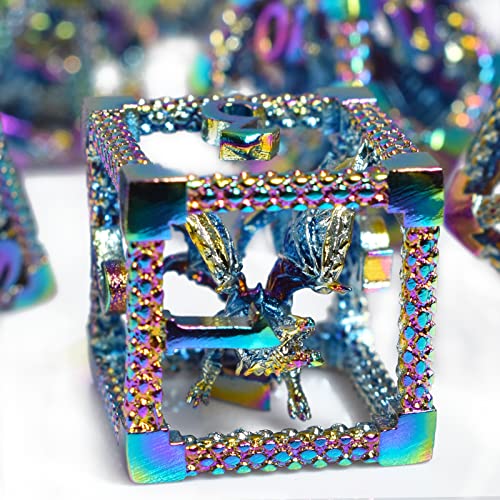 Rule Dice 7Pcs Captive Magic Dragon Metal D& D Dice Set, Unique Design, Fantastical Hollow Polyhedral Dnd Metal Dice, Suitable For Role Playing Games Dungeons And Dragons D&D Dice Set (Rainbow) #TOP30
