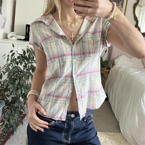 Image of Y2k Girls Vintage Coquette Button Down Shirt Women Short Sleeve V-Neck Slim Fitted T-Shirt Cute Blouse Crop Top