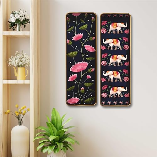 Image of Livin'luxe Lotus & Elephant Set of 2 Vertical MDF Wall Panels | Premium Sparkle Lamination Finish | Artistic Floral & Animal Print Wall Decor for Living Room & Bedroom 20 Inch x 30 Inch