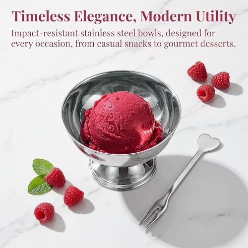 Image of Stainless Steel Ice Cream Bowls, 2 Pcs 4 inch Sliver Footed Dessert Cups with Forks Mini Parfait Cup for Sundae Snack Candy Fruit Pudding Yogurt Mousse Sherbet Trifle & Cocktail Party