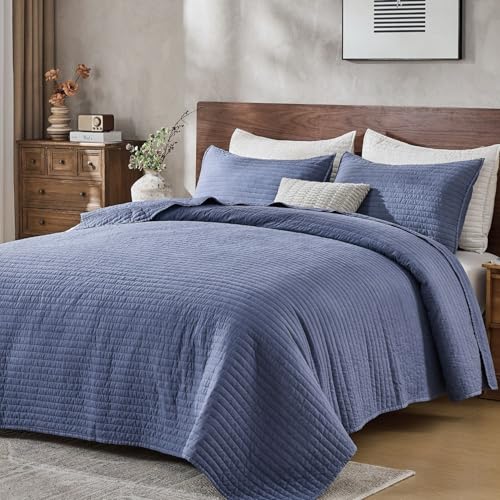 DOWN HOME Queen Quilt Bedding Set with Shams Vintage Washed Soft Quilted Blanket Thin Comforter Lightweight Bedspread Coverlet Bed Cover Brushed Microfiber Stripe Stitching Vintage Denim 86x90
