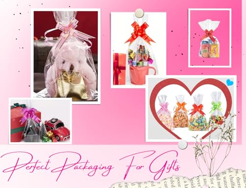 MAARA Cellophane Bags, Pack of 50 (8"X12"/20X30CM) Medium Clear Sweet Bags, Food Safe Cookie Bags With Bows, Treat And Party Bags For Mugs, Flat Bottom Plastic Cellophane Gift Bags - Image 4