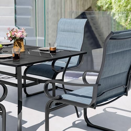 Image of NUU GARDEN 7-Piece Outdoor Patio Dining Set with 6 Padded Textilene C-Spring Chairs and 61 x 37 Inch Table with 1.8 Inch Umbrella Hole for Patio Deck Garden Backyard Indoor Outdoor Use Black Blue