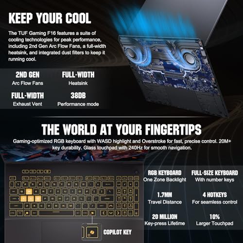 Image of ASUS TUF Gaming F16 5050 Gaming Laptop, Intel Core i5-13450HX, 16 inch FHD+ 165Hz Anti-Glare 100% sRGB, GeForce RTX 5050, 16GB DDR5, 1TB SSD, RGB Backlit KB, IR Camera, HDMI, Windows 11 Home, w /Bundle