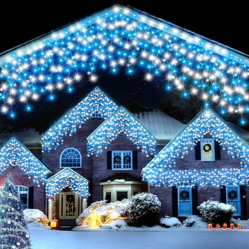 FFZZKJ Christmas Icicle Lights Outdoor Blue White 480LED 50FT Icicle Christmas Lights with 8 Modes Timer Waterproof, for Eaves, Pavilion, Fences, Patio, Gardens, White&Blue