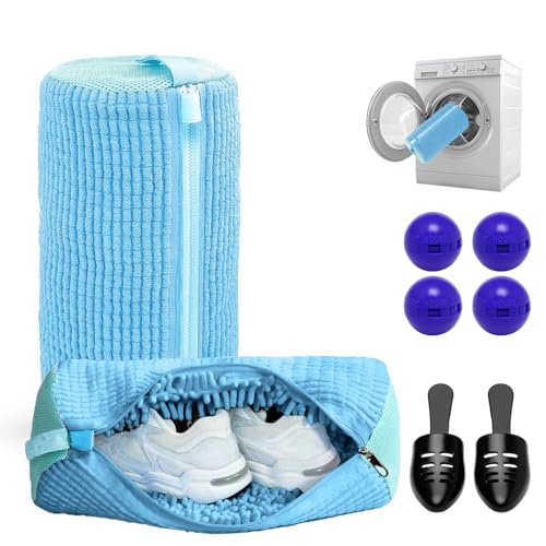 2PCS Shoe Washing Machine Bag with Pair of Shoe Tree and 4 Deodorizer Balls, Durable Zipper Reusable Shoe Washing Bag with 20000+ Fluffy Fiber Lining For 360° Cleaning for Sneakers (Blue)