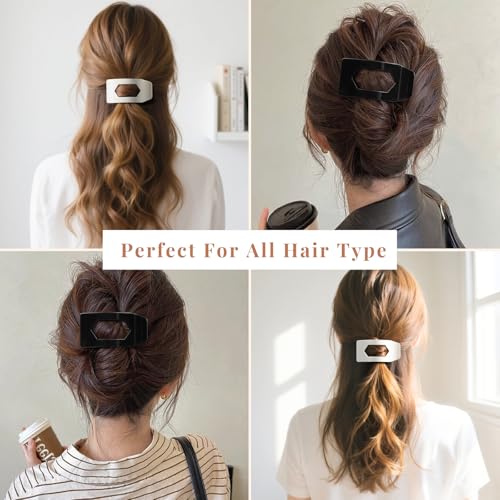 Image of 8 Pack Black White Flat Hair Clips for Women - Large Glossy Rectangle No-Slip Claw Clips for Thick & Thin Hair, Strong Hold Square Hair Accessories