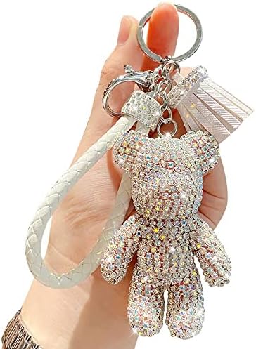 BONICI Girls Fashionable Diamond Bear Pendant Keychain Bling Sparkle Luxury Bear Key-Chains Keyring Gift Pendant for Handbag Tote Purse Backpack Bag Decoration Car Key Tassel Wrist Strap -White