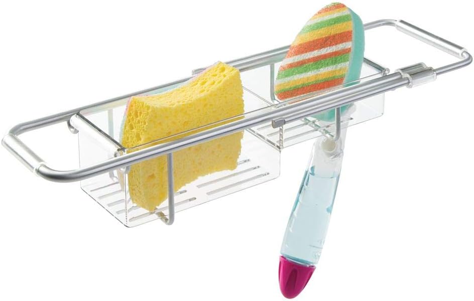 mDesign Modern Expandable Adjustable Over-Sink Storage Center - Kitchen Organizing Caddy - Holder for Sponges, Scrubbers, Dish Wands, Vegetable Brushes, Soap - Rustproof Aluminum - Brushed/Clear