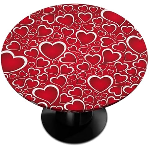 Valentines Day Decoration Round Fitted Tablecloth Red Hearts Round Table Cover with Elastic Edge Waterproof Wipeable Polyester Circle Table Cloths for Outdoor Picnic Party Patio Fit for 45"-50" Table Cover