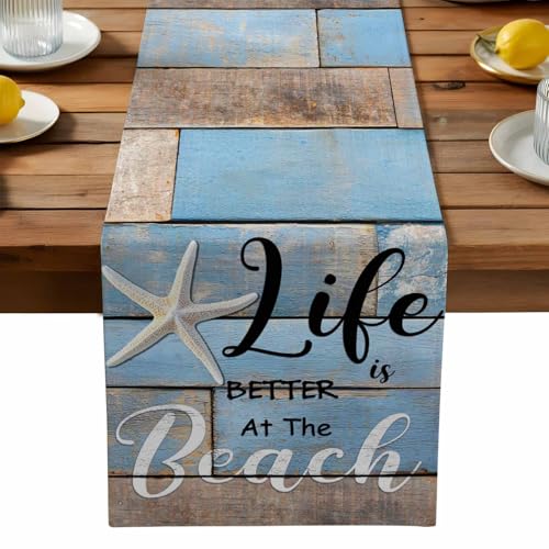 ARTSHOWING Ocean Coastal Starfish Decorative Table Runner 13x36inch, Linen Textured Table Runner for Kitchen Dining Wedding Party and Home Decor, Retro Wood Grain Life is Better at The Beach by ARTSHOWING - Used condition - US$12.94