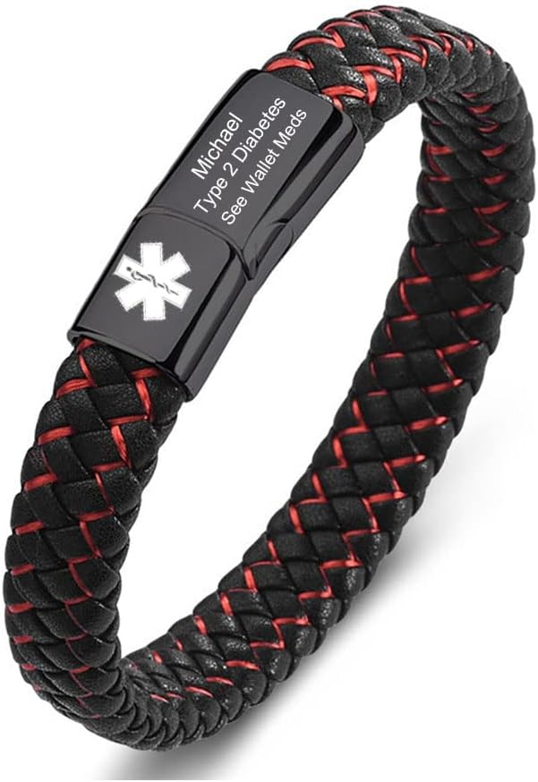 Custom Mens Black Braided Leather Medical Alert Bracelet Engraving Back and Front Medical ID Bracelets for Men Stainless Steel Emergency Medical Bracelets for Women 7.5/8.2/9.5 inches
