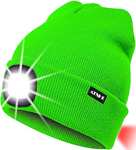 ATNKE 8LED beleuchtete Strickmütze, wiederaufladbare USB-Scheinwerferkappe mit extrem Heller, wasserdichter Lampe und Blinkender Alarm Rotes Rücklicht Multi-Color/Fluorescent Green