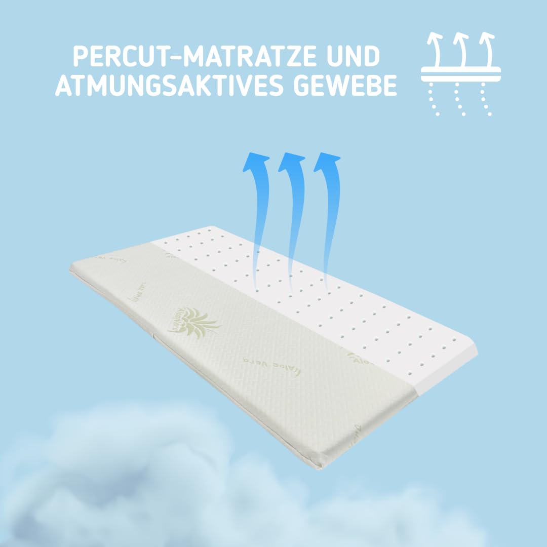 Kiby® Reisebettmatratze 120x60cm | Höhe 4 cm | (Oeko-TEX® & Certipur™ Zertifiziert) aus Aloe Vera, aufrollbar