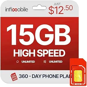 $12.50/Month | Infimobile Prepaid Unlimited Plan: 12 Months | 15GB High-Speed Data Per Month | Unlimited Data Talk &amp; Text | Prepaid Plan Service SIM Card | Nationwide Coverage | 4G, 5G Network