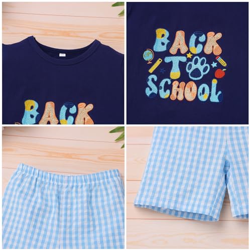 Image of OBEEII Back to School Outfit Toddler Boy Short Sleeve Graphic Shirt Gingham Shorts First Day of School Summer Clothing Set