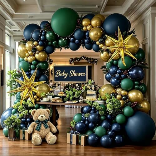 Image of Navy Blue Green Balloon Arch Double Stuffed Dark Emerald Green Blue Gold Balloon Garland Kit with Star Foil Balloons for Birthday Graduation Anniversary Baby Shower Christmas Party Decorations