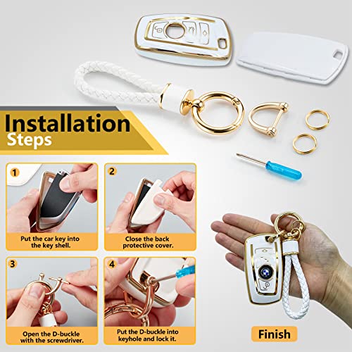 Ctrinews For Bmw Key Fob Cover With Metal Braided Rope Keychain For Bmw Accessories, Upgraded Soft Key Case For Classic Bmw Smart Remote Keyless Key Fob Shell (Gold Edge) #TOP6