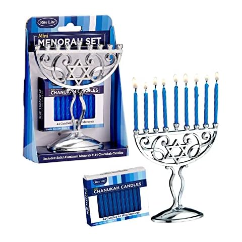 Rite Lite Silver Mini Menorah & Mini Chanukah Candles Set Blue Pack of 44 - Blue Menorah Candles Menorah Hannukah Gift Cover