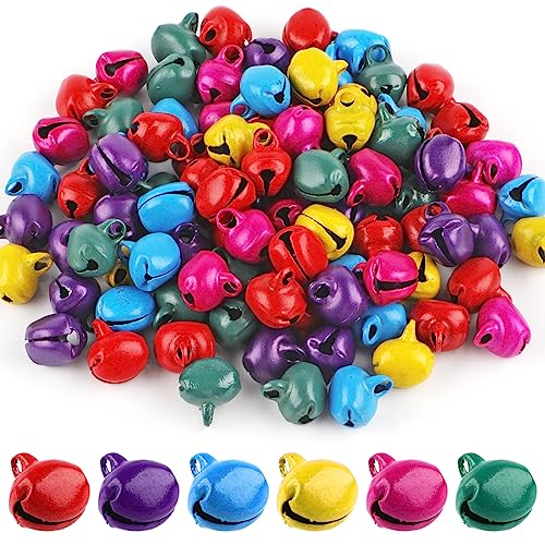 Hoiny Glöckchen, 100 Stück Glöckchen Zum Basteln, Kleine Glocken Aus Eisen mit Öse, Bunt Metallglöckchen, Glöckchen Schellen für Handwerk, Schmuck, Weihnachten Dekoration, Haustier Glocken(12 mm)