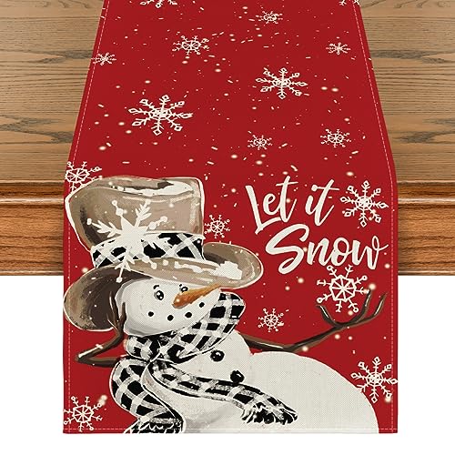 Image of Artoid Mode Red Snowman Snowflake Let it Snow Winter Table Runner, Seasonal Christmas Kitchen Dining Table Decoration for Home Party Decor 13x36 Inch