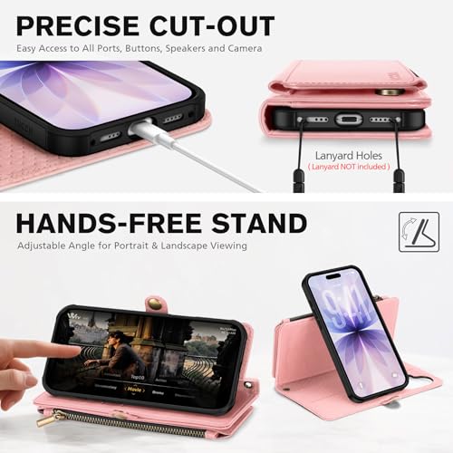 TUCCH Detachable Crossbody Wallet Case for iPhone 17 6.3", 9 Card Slots RFID Blocking | Stand | Lanyard | Wrist Strap | Wireless Charging | Zipper Pocket | PU Leather | Magnetic Flip Cover | Rose Gold by TUCCH - Image 7