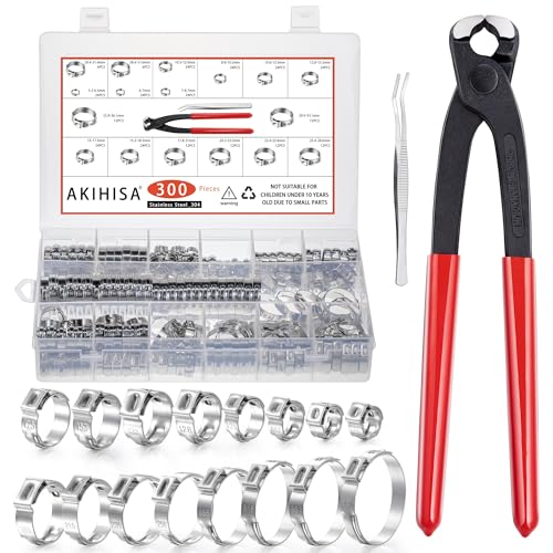 AKIHISA 300pcs 16 Sizes Single Ear Hose Clamps 5.3-36.1mm Stainless Steel_304 Crimp Hose Clamps Cinch Rings Assortment Kit for Automotive Pipe Plumbing