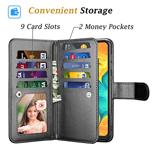 Takfox Wallet Case For Samsung Galaxy A50, Galaxy A50 Case Wallet Pu Leather With 9 Card Slots Holder Folio Flip Magnetic Detachable Phone Case & Wrist Strap For Samsung Galaxy A50 (2019)-Black #TOP1