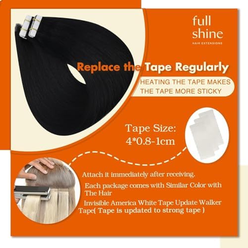 Full Shine Tape in Hair Extensions Human Hair, Jet Black 18 Inch 50G 20Pcs — view 3