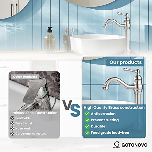 Gotonovo Brushed Nickel Bathroom Vessel Sink Faucet With Pop Up Drain Single Lever Handle 1 Hole Bowl Sink Mixer Tap Tall Spout Lavatory Vanity thumb #6