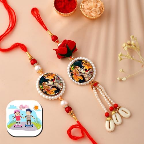 Image of CraftVatika Bhaiya Bhabhi Rakhi Magnet Set Rakhi for Brother and Bhabhi 1 Fridge Magnet Radha Krishna Flower Lumba Rakhi for Couple Designer Rakhi Set, Rakhi with Fridge Magnet