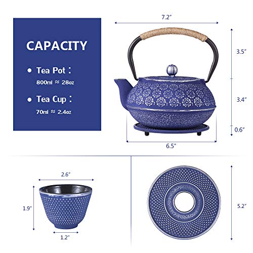 Image of Ufine Blue Floral Cast Iron Japanese Style Teapot Set Tetsubin Tea Brewing Kettle with 4 Cups, Stainless Steel Infuser for Stove Top - 26 oz