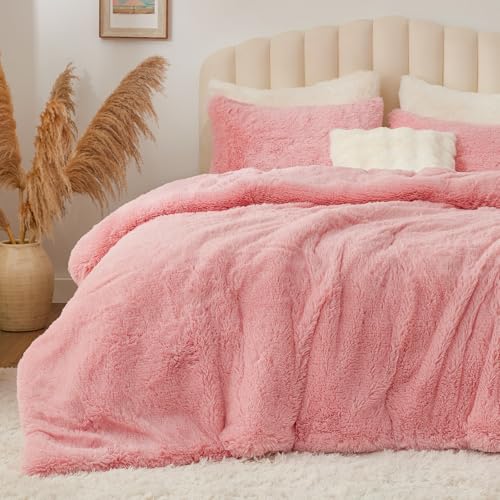 BEDELITE Pink Fluffy Comforter Set Queen Size, Fuzzy Faux Fur Comforter Bedding Set, Ultra Soft and Warm Winter Shaggy Bed Set (1 Comforter & 2 Pillowcases) as Gifts for Women