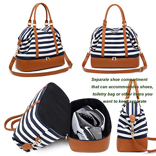 Womens Travel Weekend Bag Canvas Overnight Carry on Shoulder Duffel Beach Tote Bag (Blue stripe with shoe compartment)